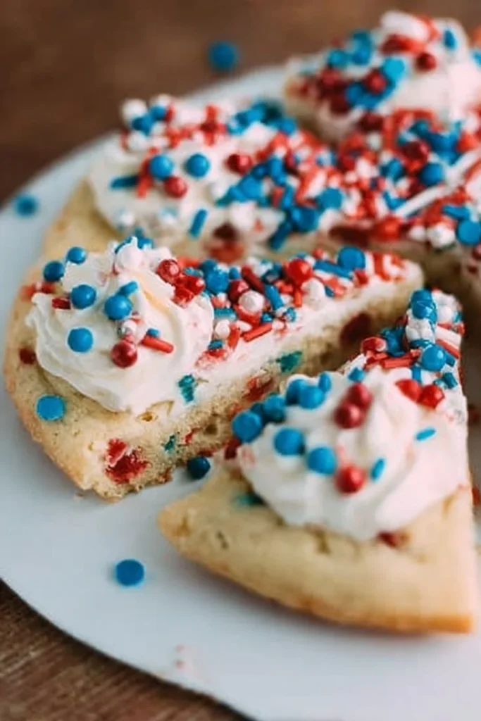 Delicious easy sugar cookie cake with frosting and sprinkles