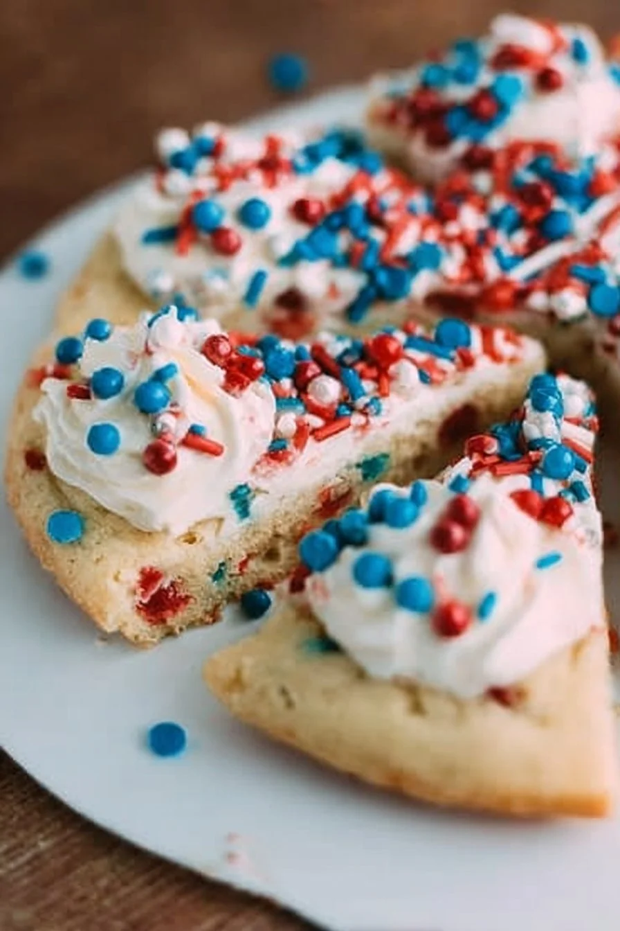 Delicious easy sugar cookie cake with frosting and sprinkles