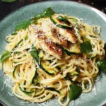 Bowl of easy zucchini pasta topped with parmesan and fresh basil