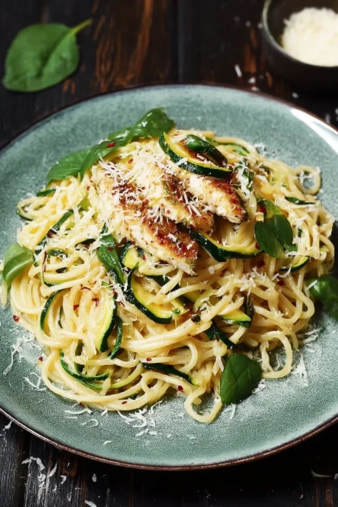 Bowl of easy zucchini pasta topped with parmesan and fresh basil