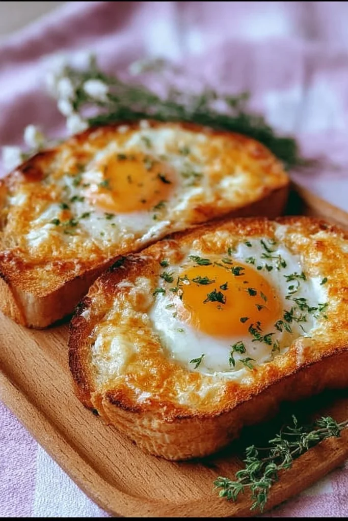 Delicious egg and cheese toasts served as a breakfast idea