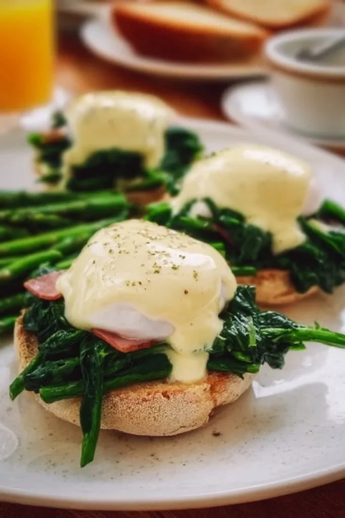 Delicious Eggs Benedict Florentine with spinach and hollandaise sauce