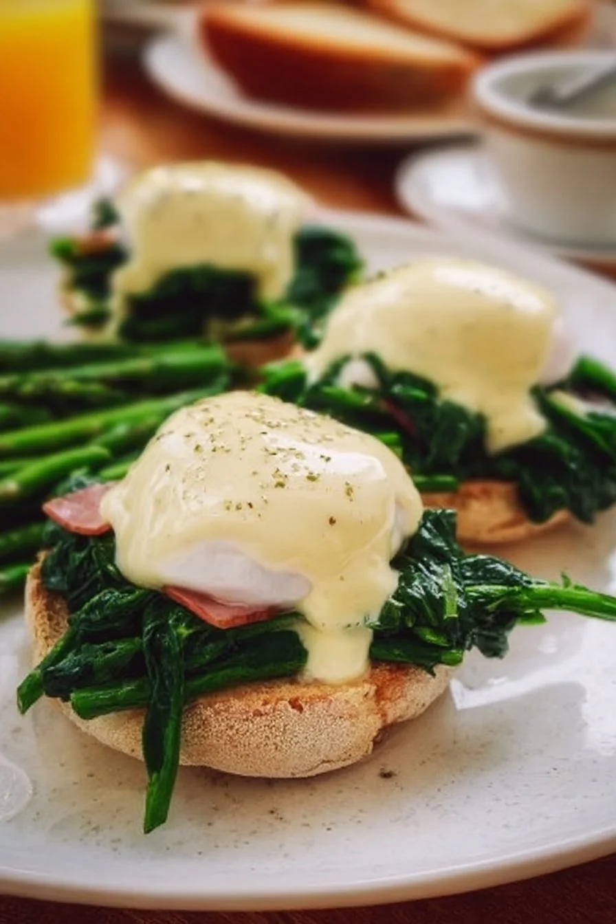 Delicious Eggs Benedict Florentine with spinach and hollandaise sauce