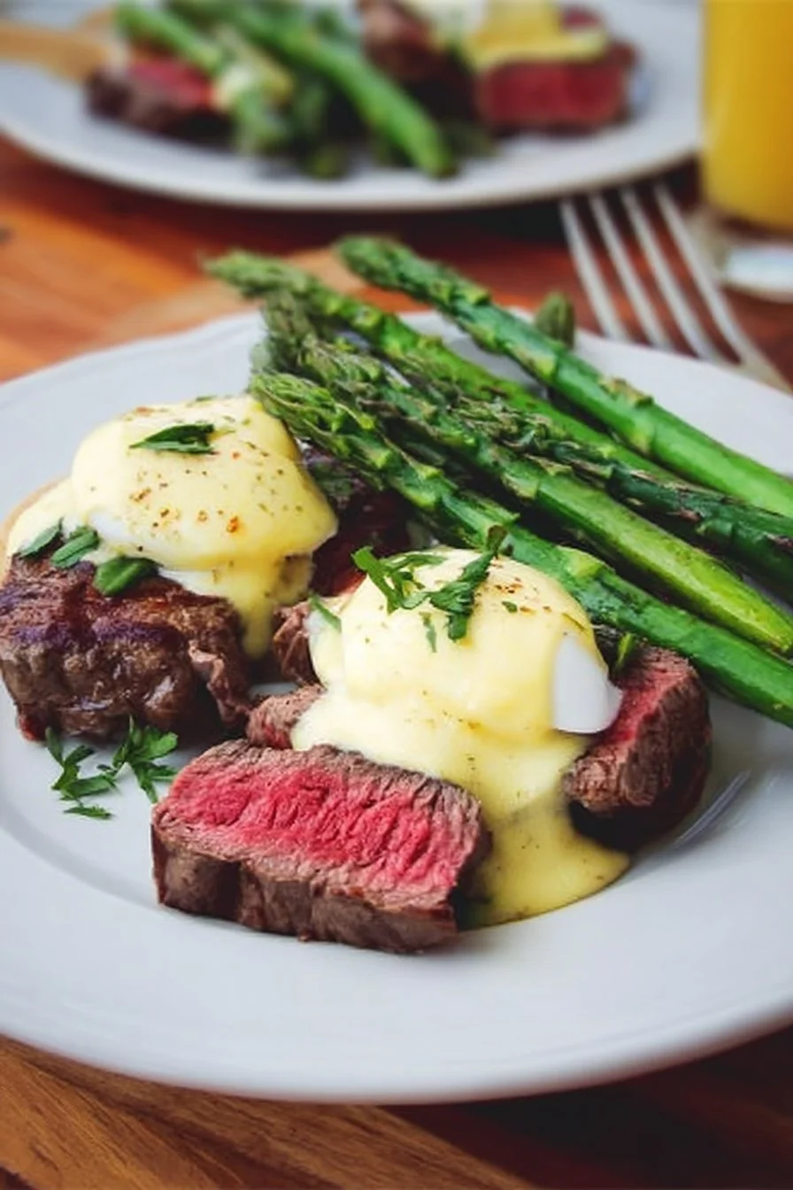 Eggs Benedict with grilled steak and asparagus served on a plate