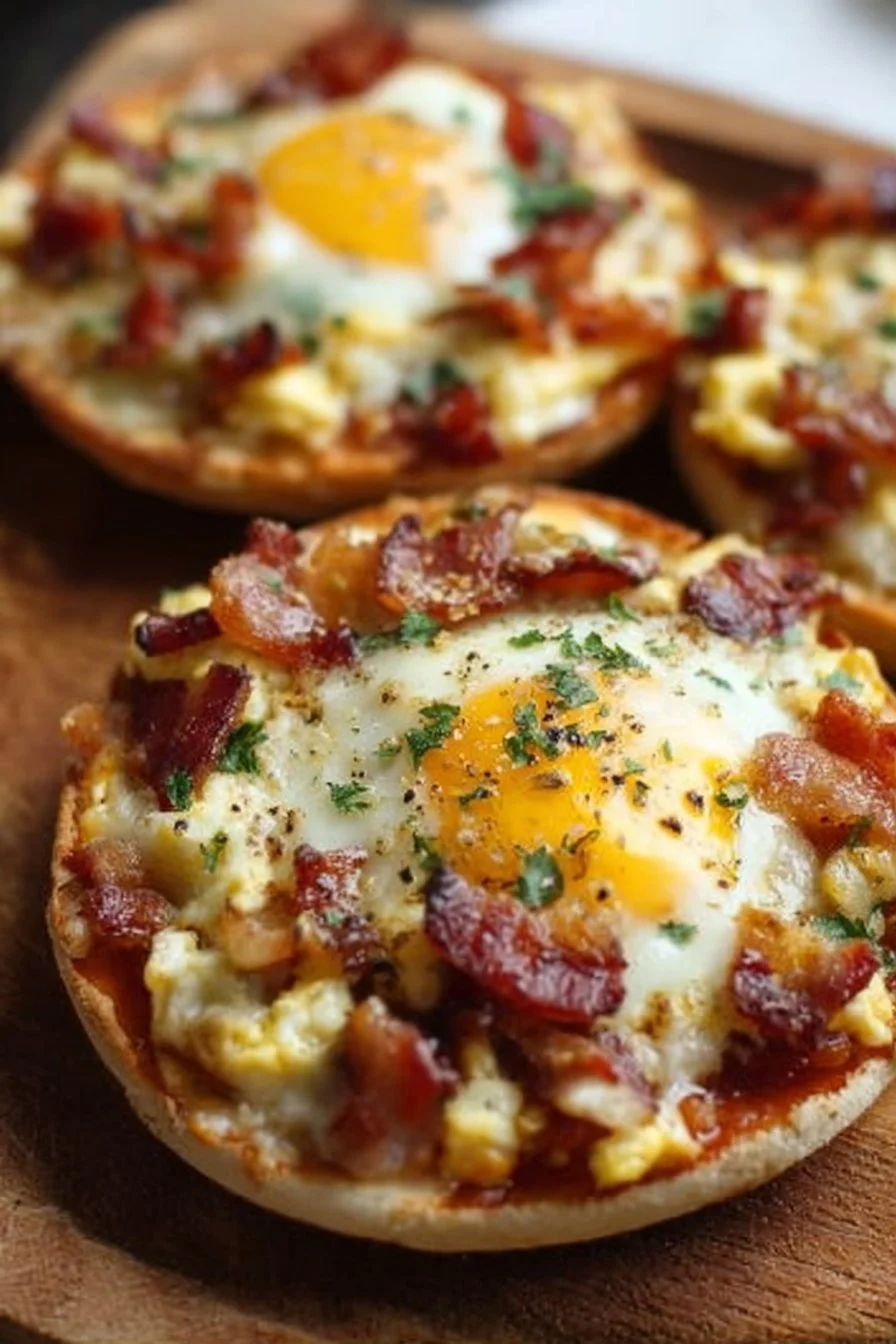 Delicious English muffin breakfast pizzas topped with eggs and veggies