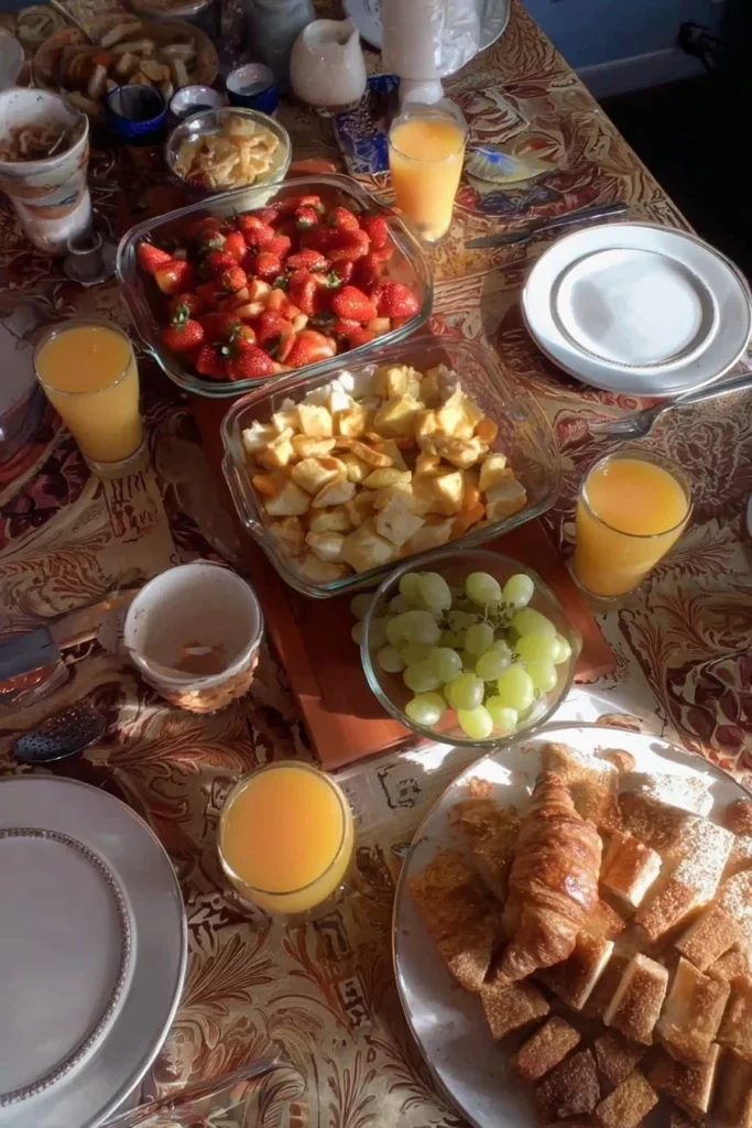 Delicious Father's Day brunch spread featuring pancakes, fruits, and coffee.