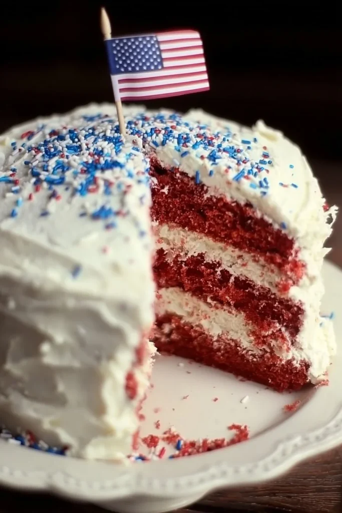 Patriotic Flag Cake decorated with berries and cream for celebrations