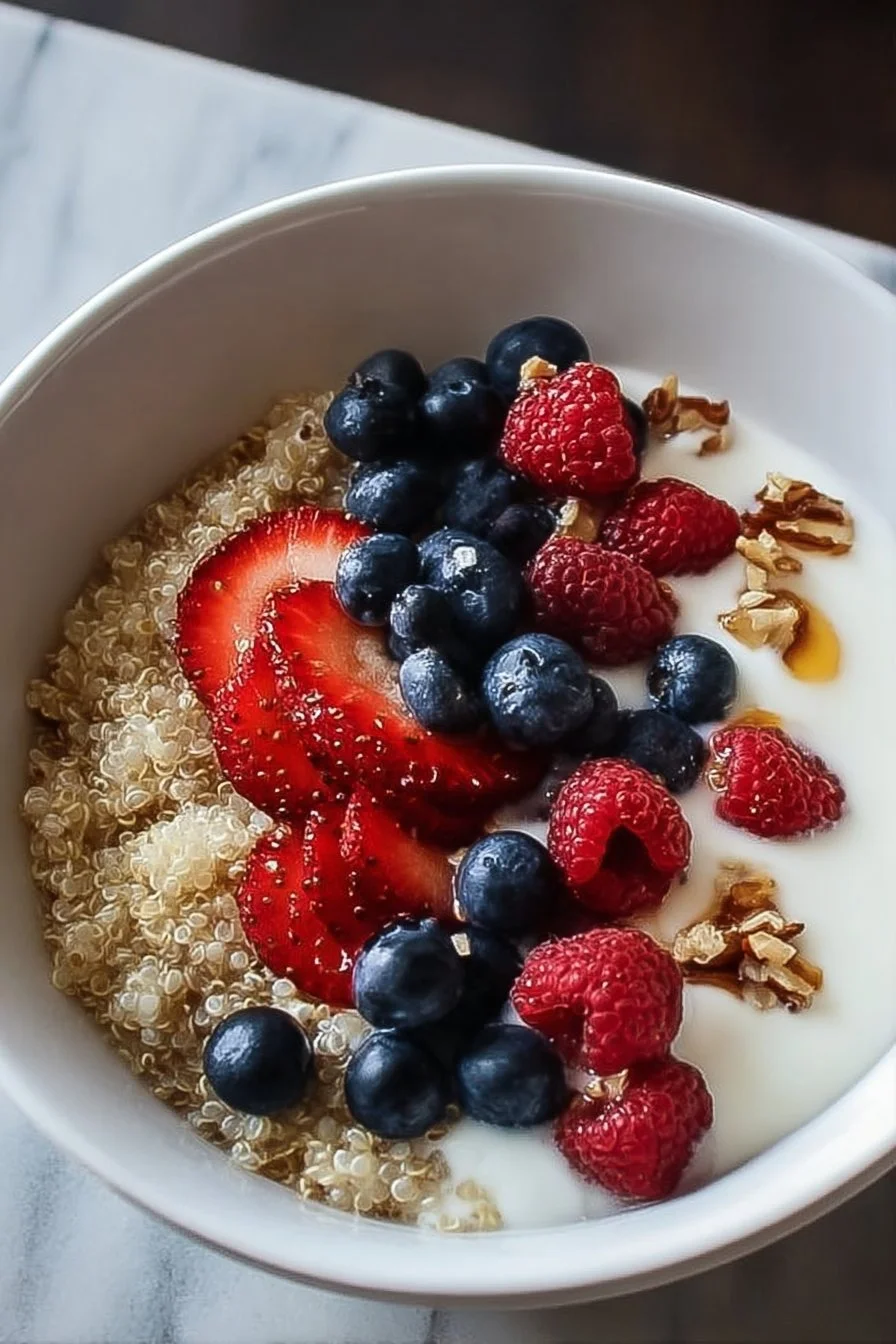Delicious yogurt quinoa bowl topped with fresh fruits and nuts