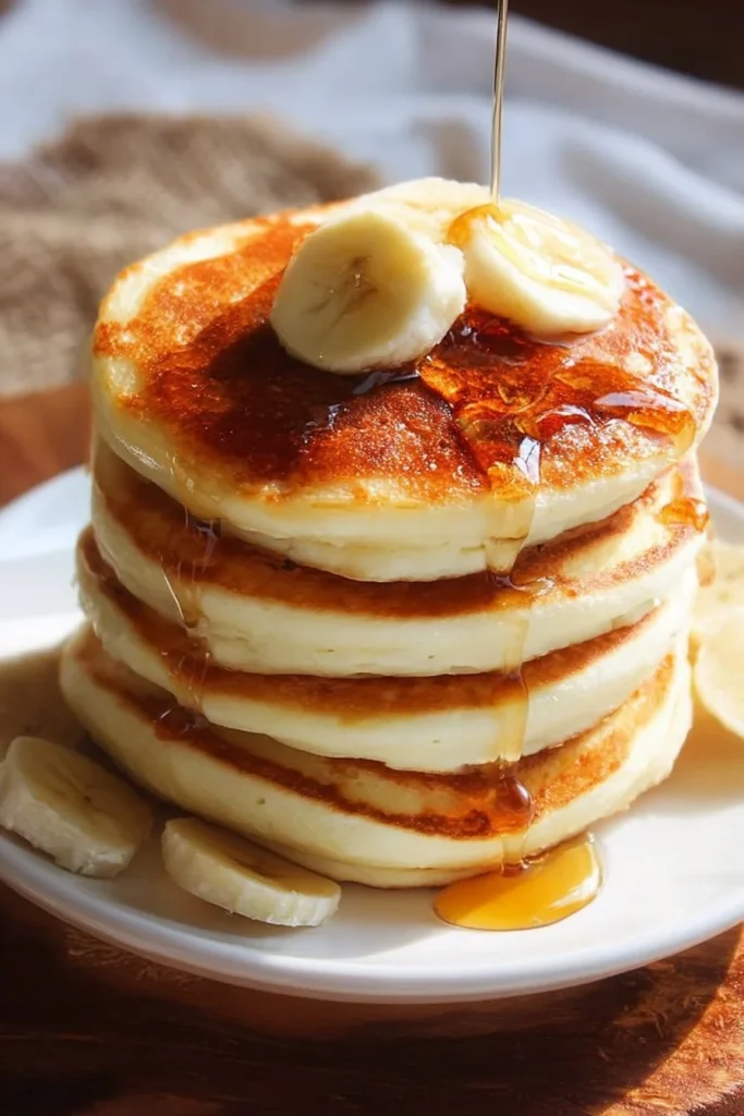 Stack of delicious fluffy pancakes served with maple syrup and berries