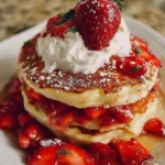 Fluffy strawberry cheesecake pancakes topped with fresh strawberries and whipped cream