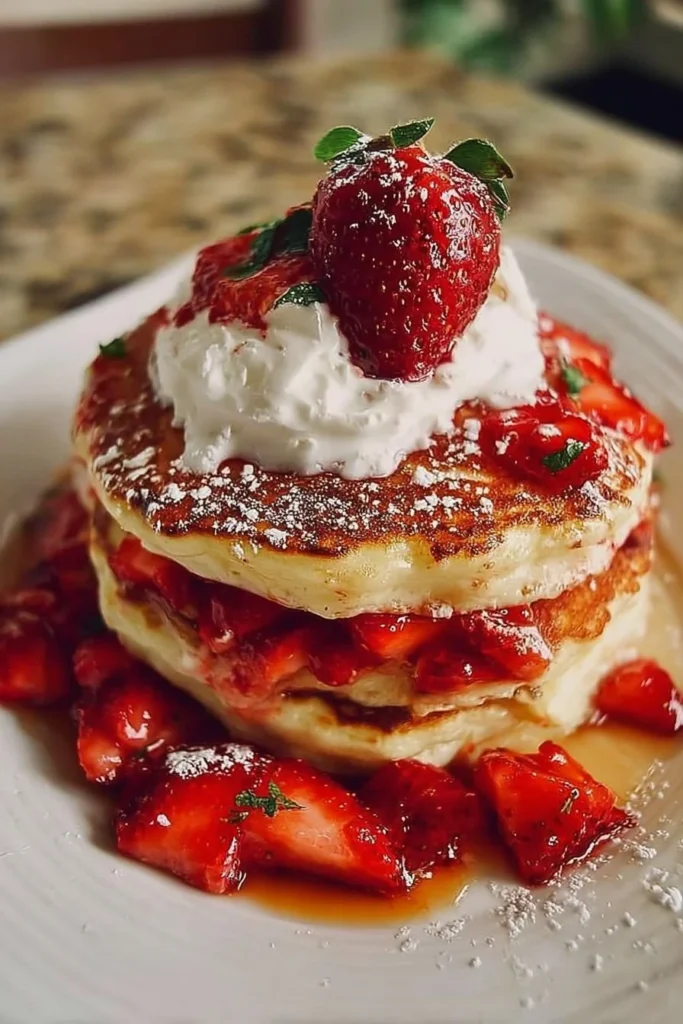 Fluffy strawberry cheesecake pancakes topped with fresh strawberries and whipped cream