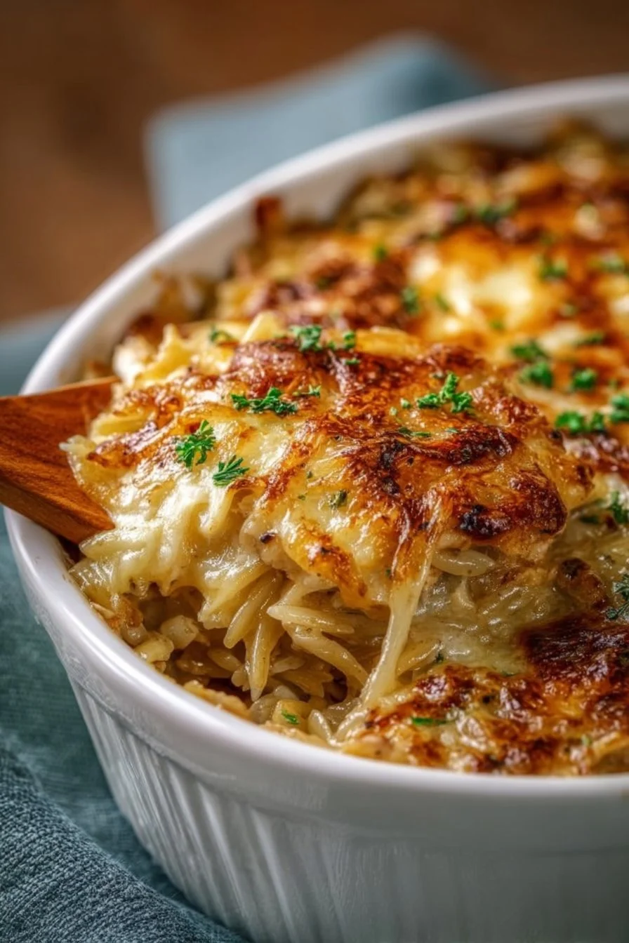 Delicious French onion chicken orzo casserole topped with cheese and herbs