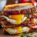 French Toast breakfast sandwich with syrup and fresh fruit on a plate