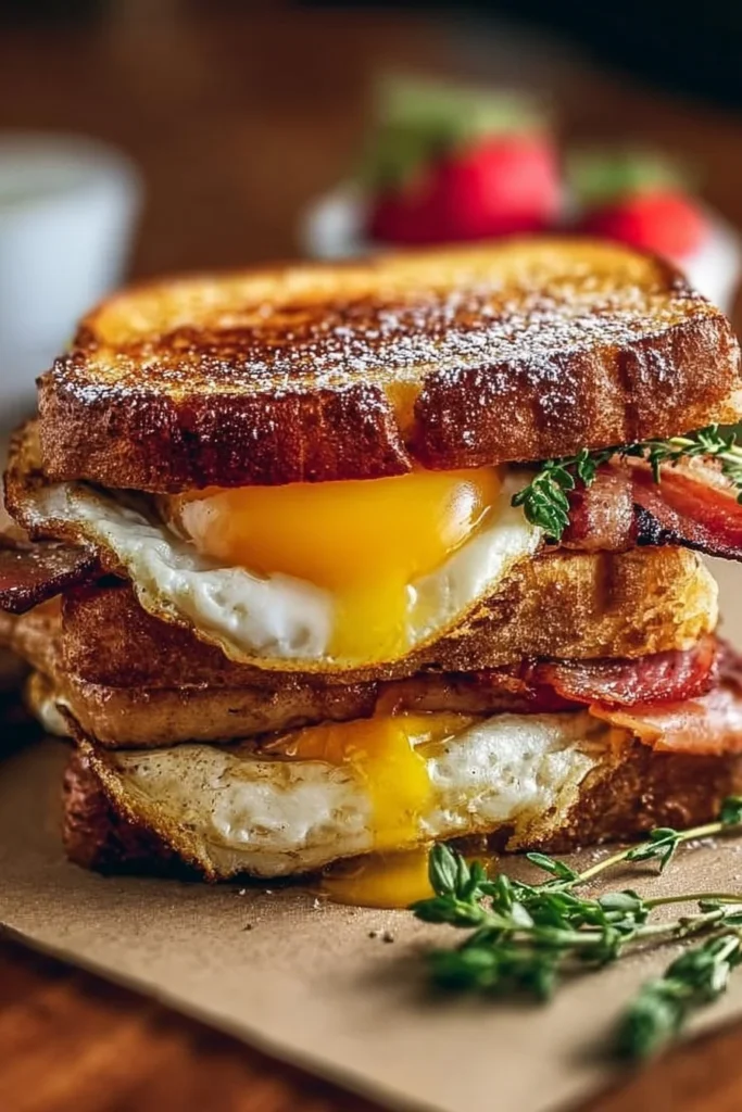 French Toast breakfast sandwich with syrup and fresh fruit on a plate