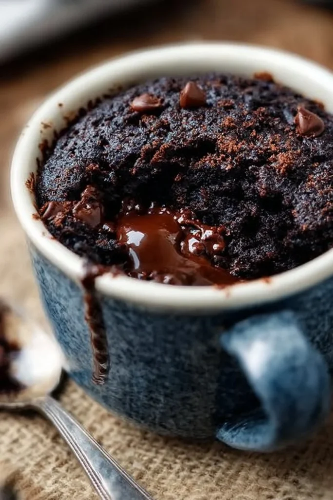Delicious fudgy mug brownie in a ceramic mug, ideal for quick dessert cravings.