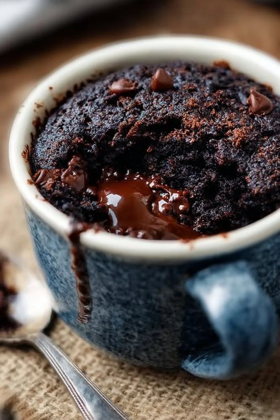 Delicious fudgy mug brownie in a ceramic mug, ideal for quick dessert cravings.