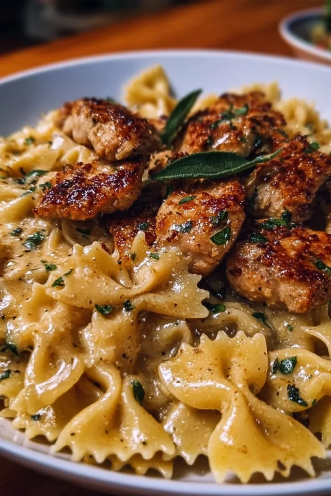 Delicious Garlic Butter Chicken served with Bowtie Pasta