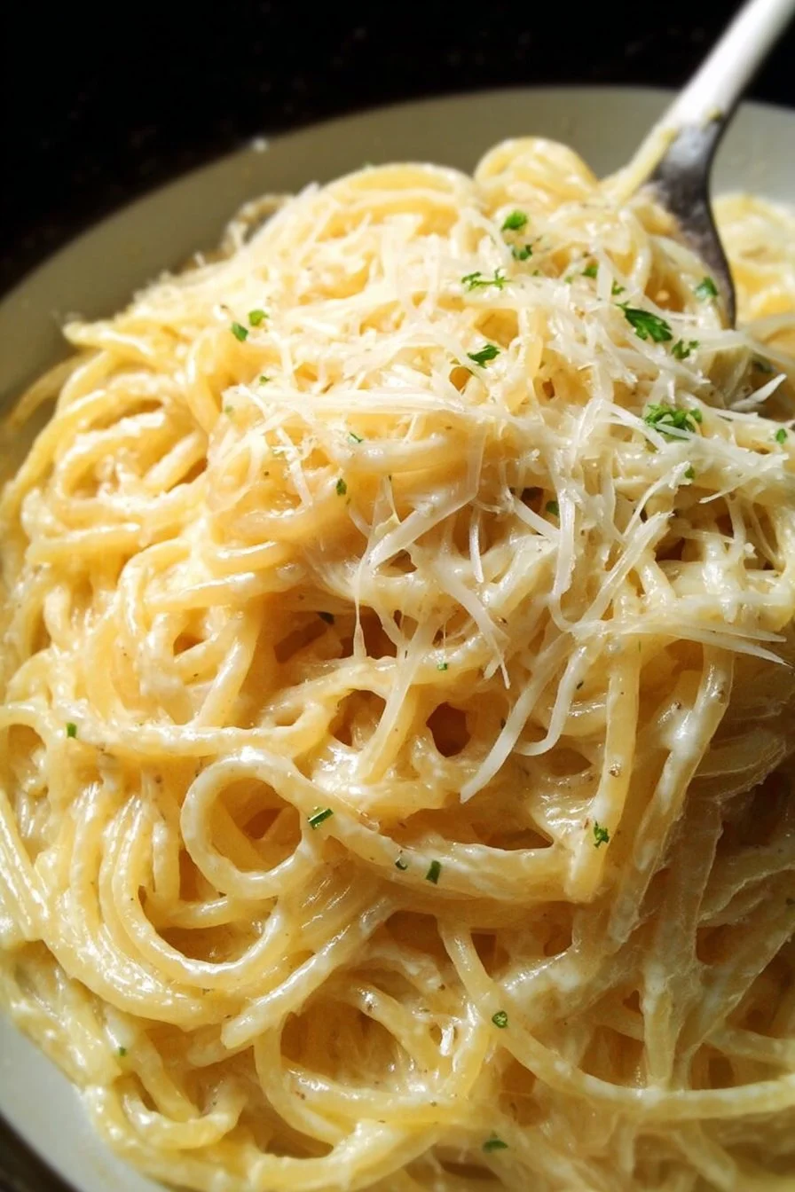 Delicious bowl of Garlic Parmesan Pasta topped with herbs and cheese