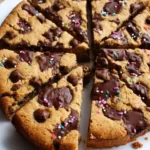 Gluten free cookie cake topped with frosting and sprinkles