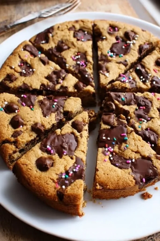 Gluten free cookie cake topped with frosting and sprinkles