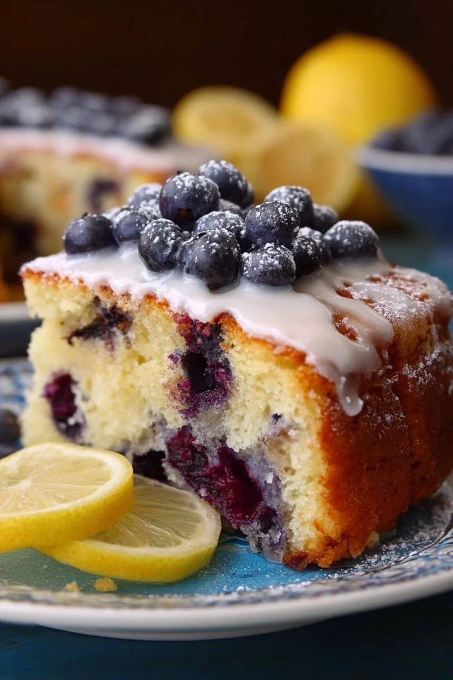Gluten Free Lemon Blueberry Cake with vibrant blueberries and a lemon glaze