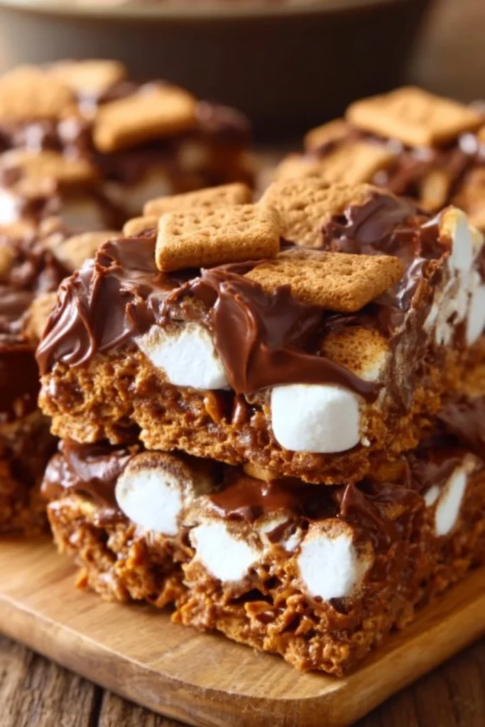 Golden Graham S'mores Bars topped with chocolate and marshmallows in a baking dish.