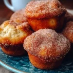 Fluffy cinnamon sugar donut muffins on a plate with a sprinkle of sugar.