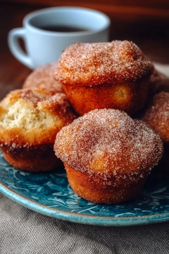 Fluffy cinnamon sugar donut muffins on a plate with a sprinkle of sugar.