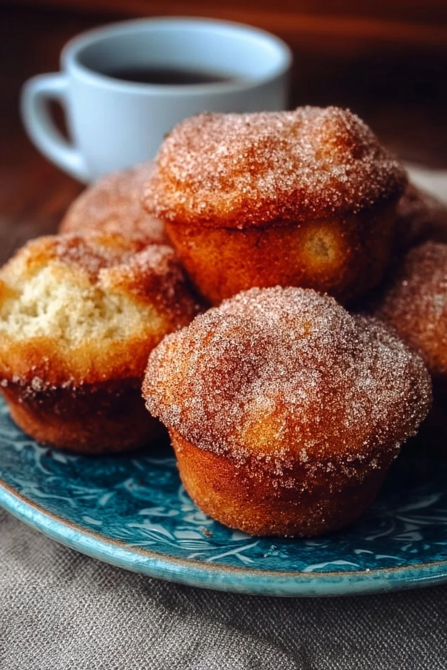 Fluffy cinnamon sugar donut muffins on a plate with a sprinkle of sugar.