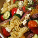 A colorful Greek Pasta Salad with olives, tomatoes, and feta cheese in a bowl.