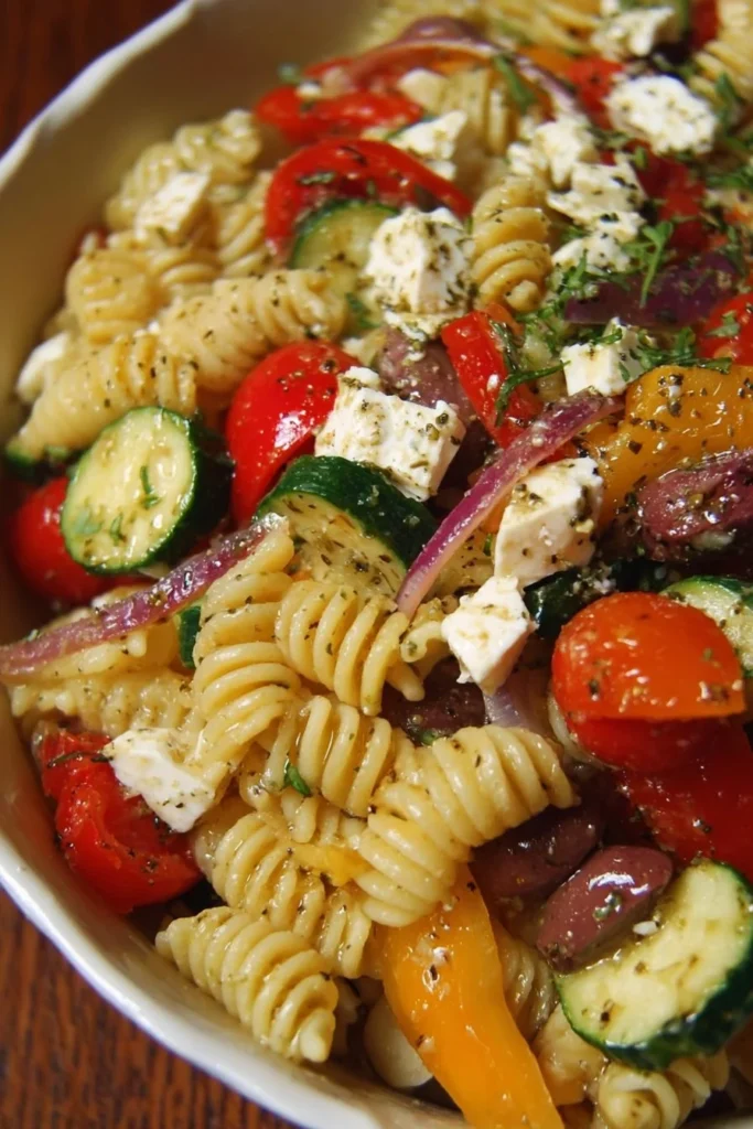A colorful Greek Pasta Salad with olives, tomatoes, and feta cheese in a bowl.