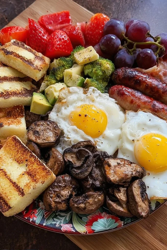 Grilled breakfast medley with fresh vegetables and eggs on a plate
