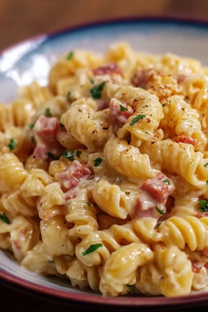 Ham & Cheese Pasta cooked in Instant Pot, ready to serve with cheese and ham