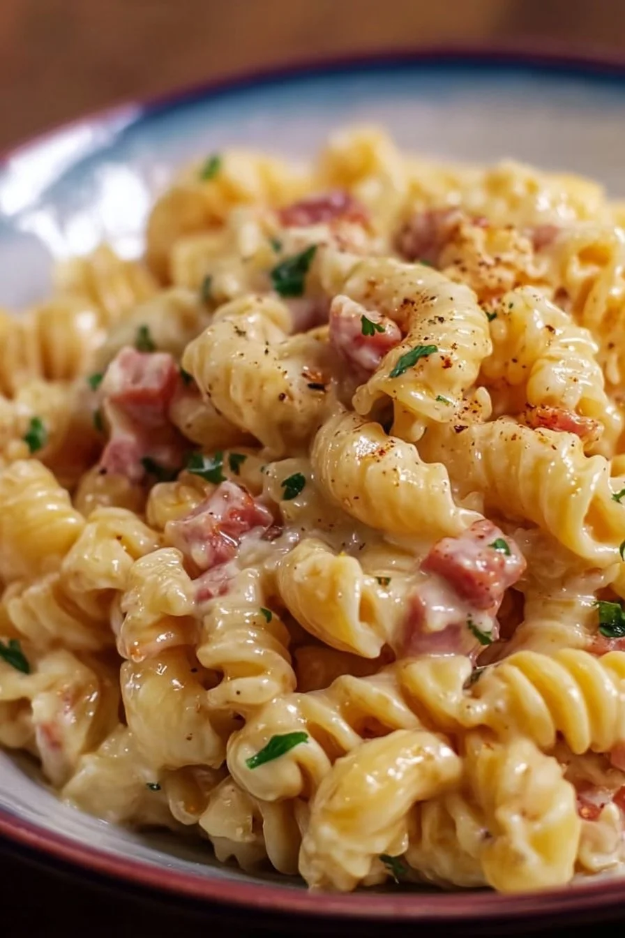Ham & Cheese Pasta cooked in Instant Pot, ready to serve with cheese and ham
