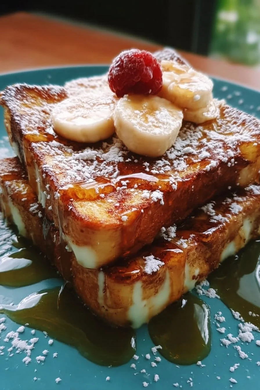 Hawaiian Roll French Toast topped with syrup and fruit