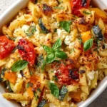 Healthy baked feta pasta with mixed vegetables in a serving bowl