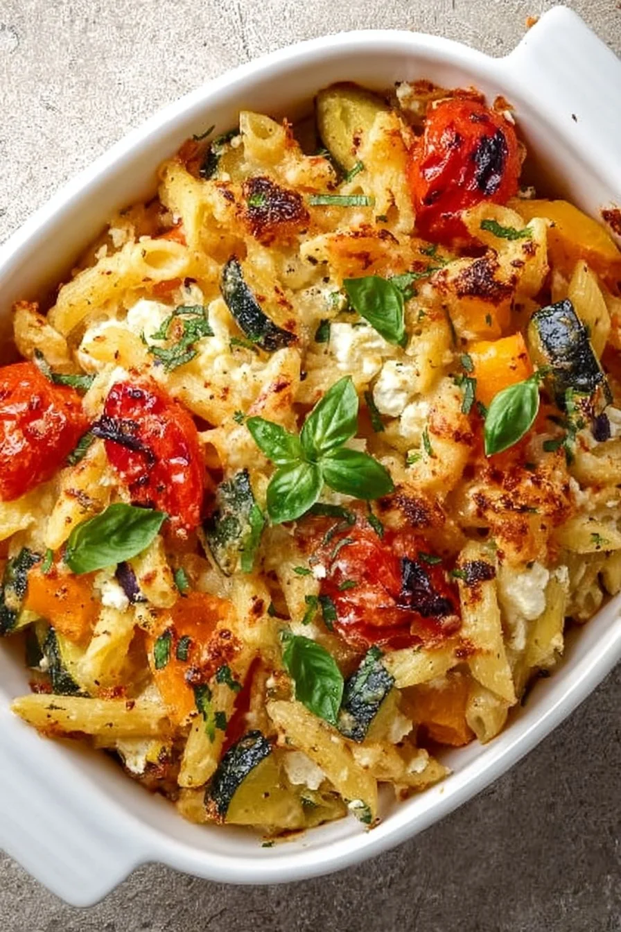 Healthy baked feta pasta with mixed vegetables in a serving bowl