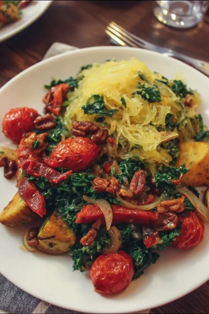A colorful and healthy vegan dinner plate featuring fresh vegetables and grains.