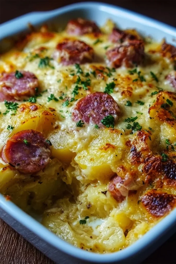 Hearty Kielbasa and Cheesy Potato Casserole recipe with flavorful ingredients