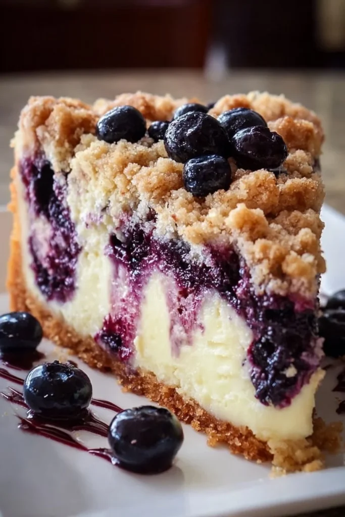 Heavenly blueberry cream cheese crumb cake with a golden crumb topping