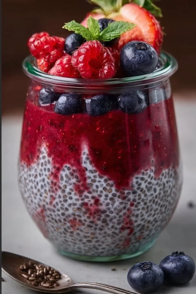High-protein berry chia pudding topped with fresh berries and nuts