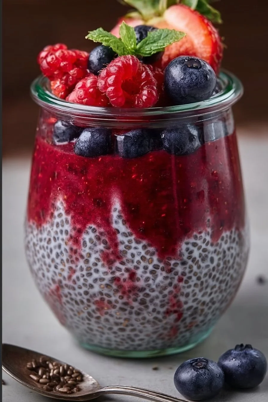 High-protein berry chia pudding topped with fresh berries and nuts