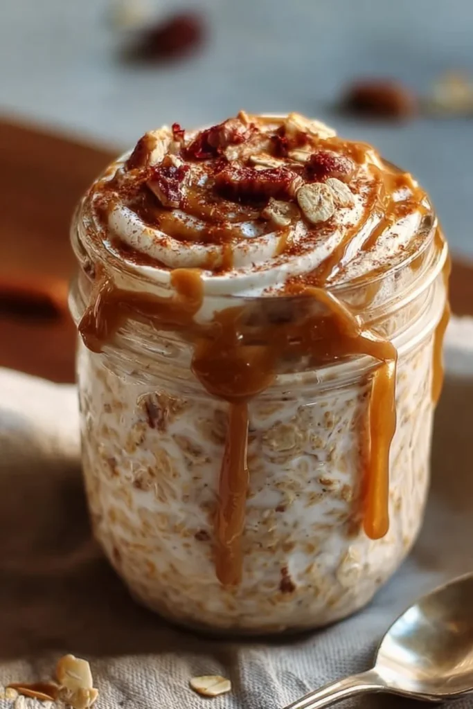 High protein cinnamon roll overnight oats in a bowl, topped with cinnamon and nuts