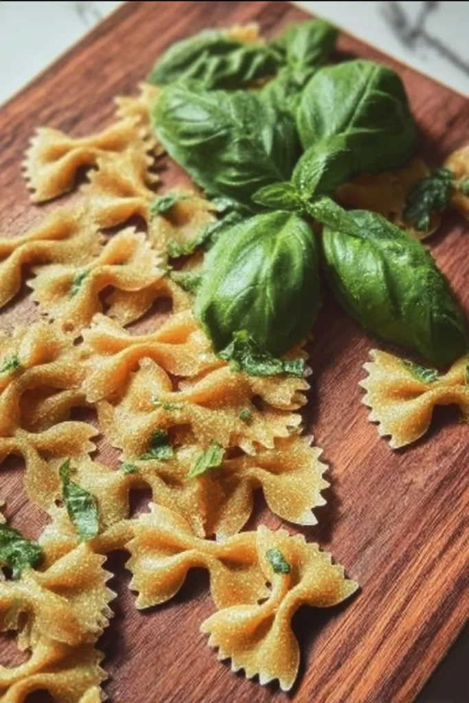 A plate of homemade basil farfalle topped with fresh basil leaves and Parmesan cheese.