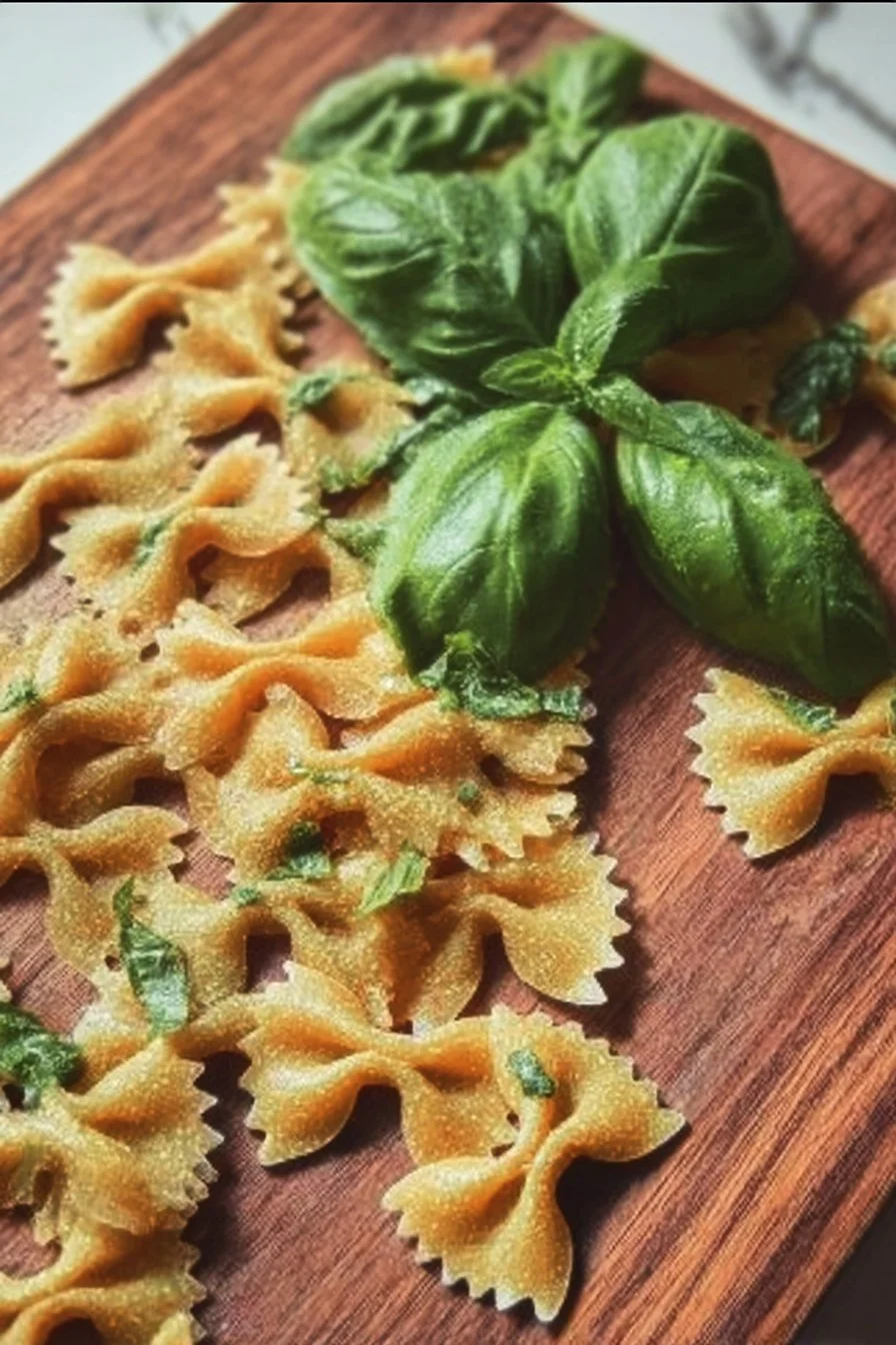 A plate of homemade basil farfalle topped with fresh basil leaves and Parmesan cheese.