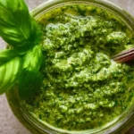 Plate of homemade basil pesto with fresh basil leaves and pine nuts