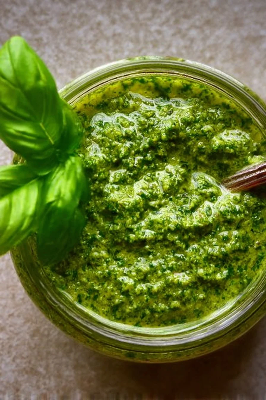 Plate of homemade basil pesto with fresh basil leaves and pine nuts