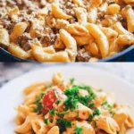 Delicious homemade cheeseburger pasta served in a bowl with cheese and toppings