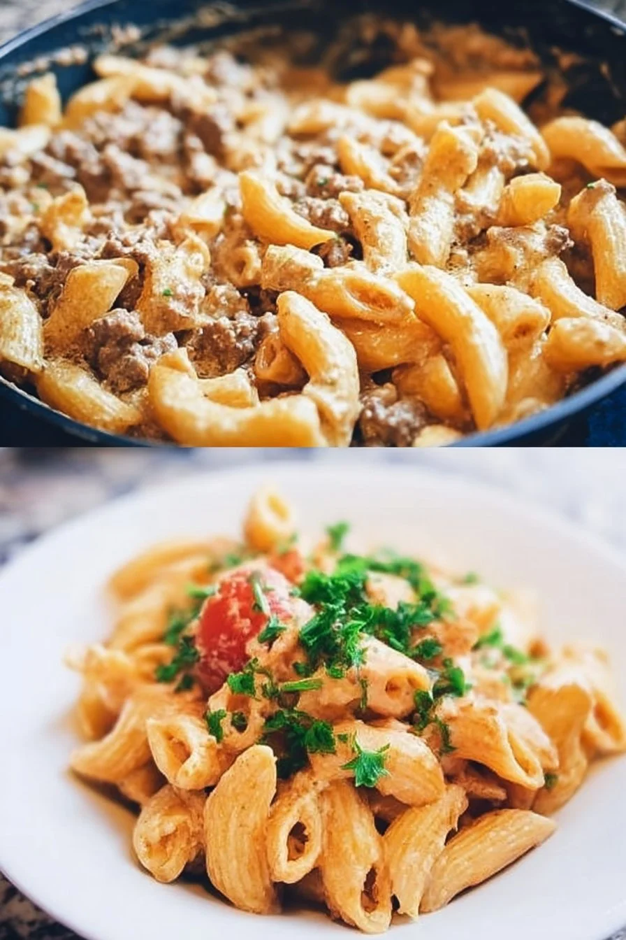 Delicious homemade cheeseburger pasta served in a bowl with cheese and toppings