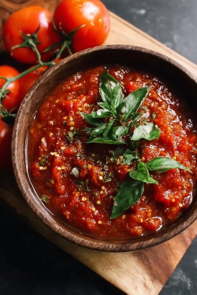 Bowl of homemade fresh tomato marinara sauce with herbs and spices